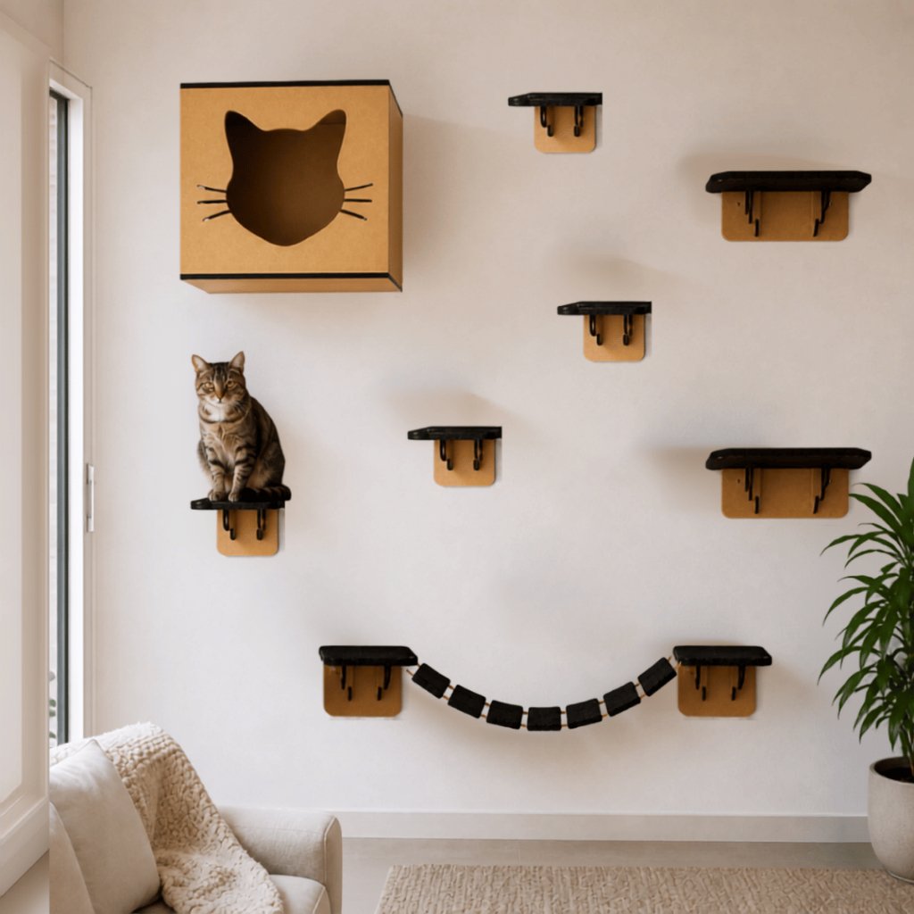 Prateleira para Gato com Nicho, Rede, Comedouro e Arranhador