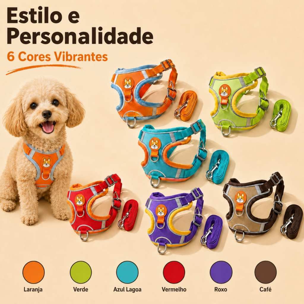 Coleira Peitoral tipo Colete + Guia para Cães e Gatos